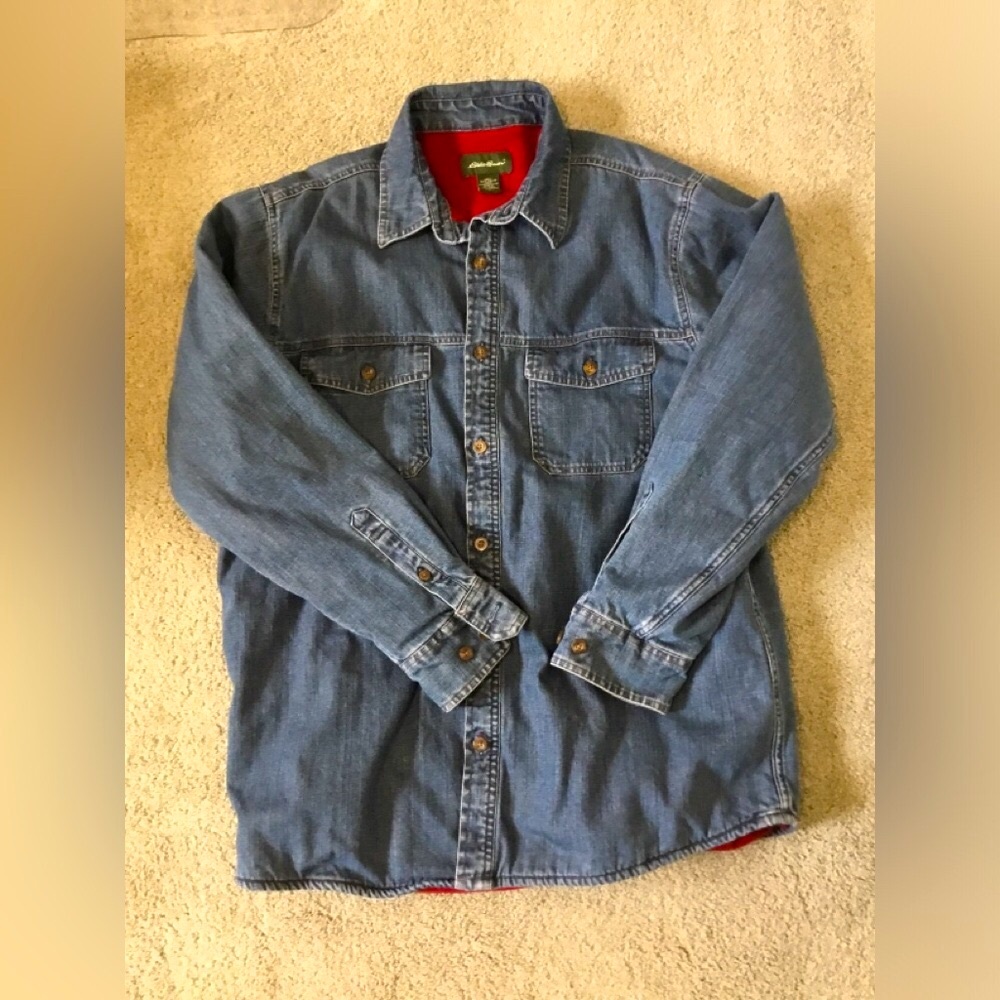 Eddie Bauer Blue Denim Shirt/Jacket with Red flannel lining